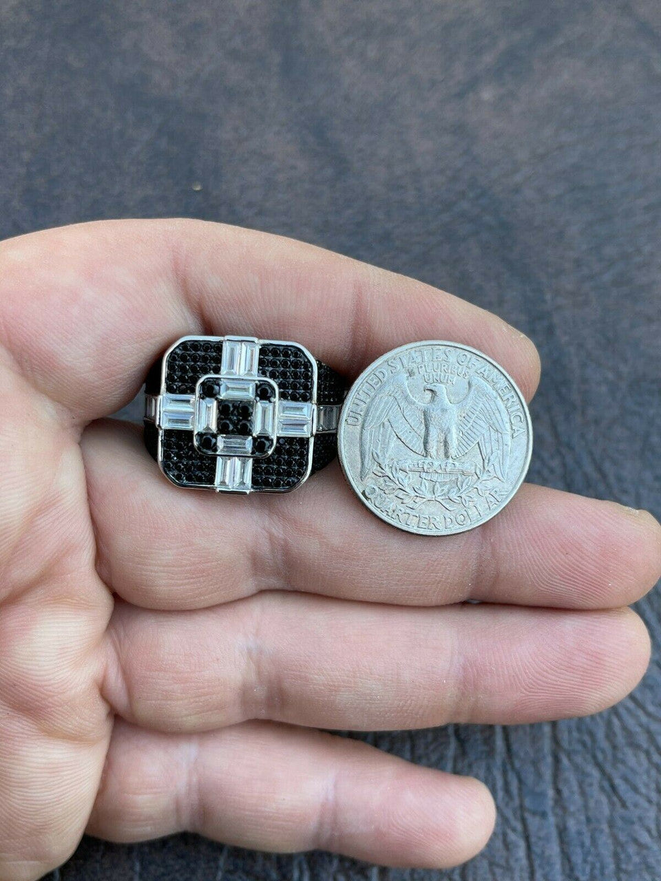 Large Real Solid 925 Sterling Silver Mens Baguette Black Diamond Ring Hip Hop