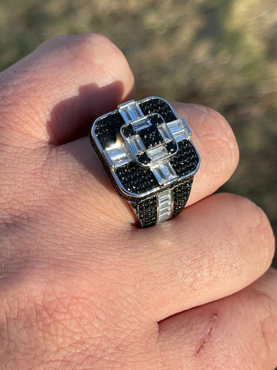 Large Real Solid 925 Sterling Silver Mens Baguette Black Diamond Ring Hip Hop