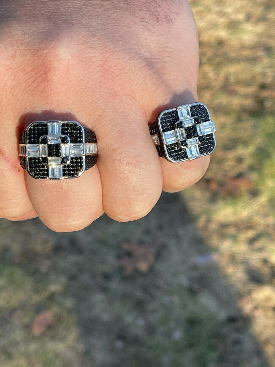 Large Real Solid 925 Sterling Silver Mens Baguette Black Diamond Ring Hip Hop