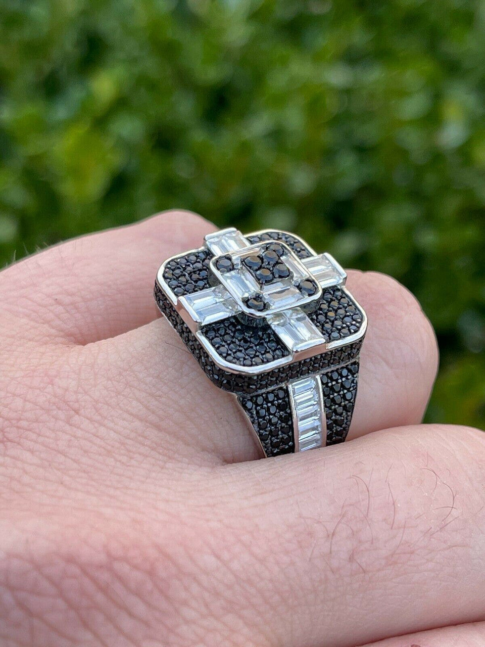 Large Real Solid 925 Sterling Silver Mens Baguette Black Diamond Ring Hip Hop