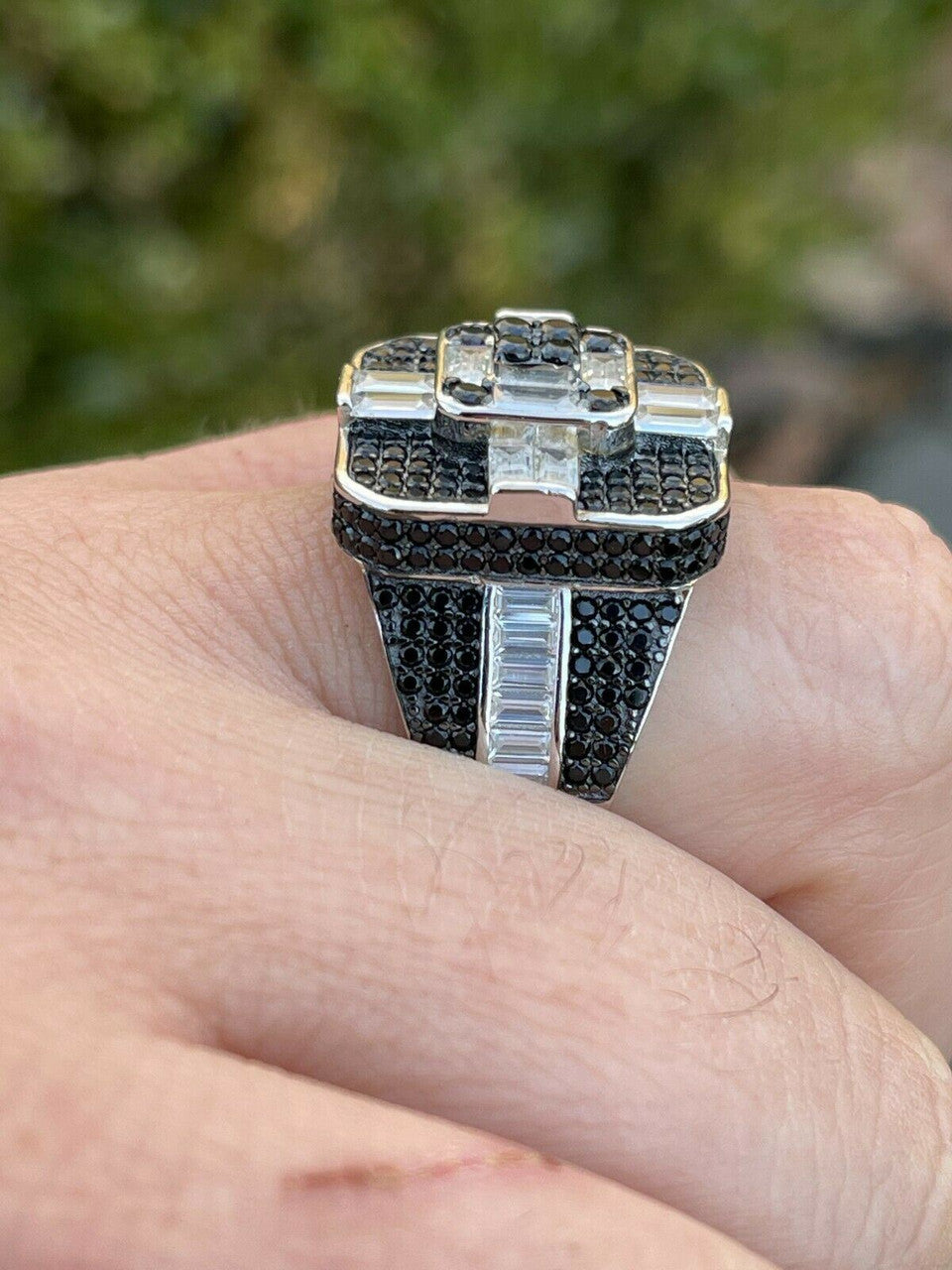 Large Real Solid 925 Sterling Silver Mens Baguette Black Diamond Ring Hip Hop