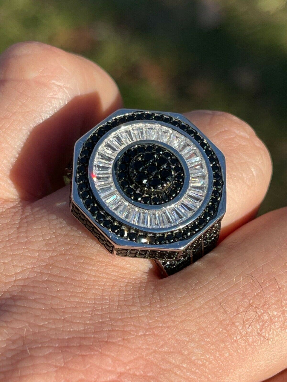 Large Solid Real 925 Sterling Silver Black Diamond Baguette Pinky Ring Hip Hop