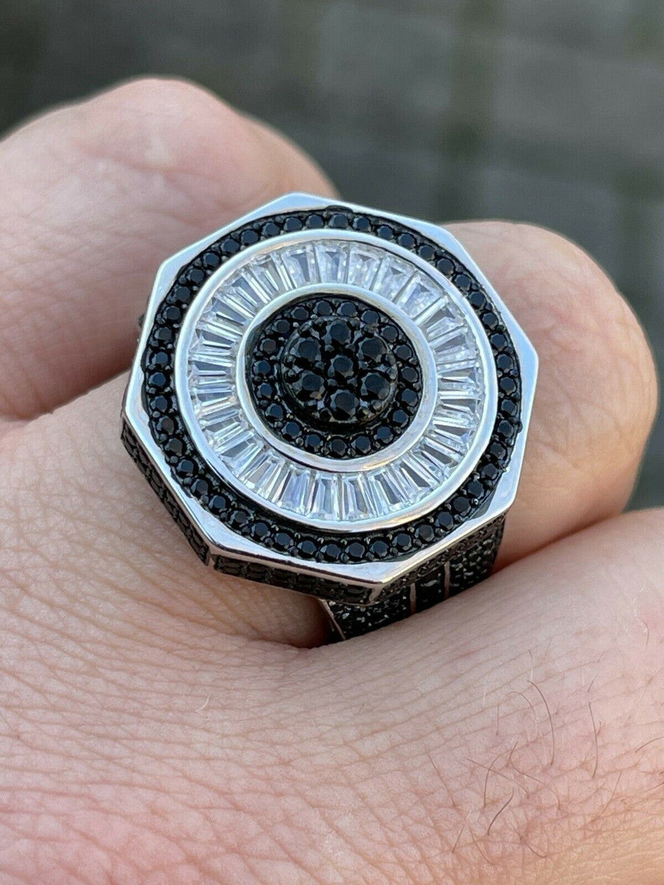 Large Solid Real 925 Sterling Silver Black Diamond Baguette Pinky Ring Hip Hop