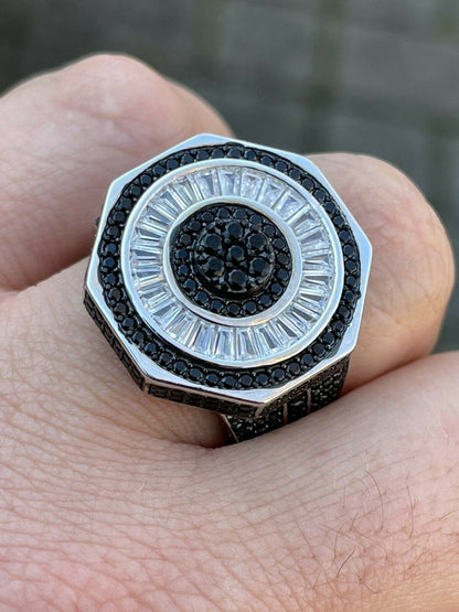 Large Solid Real 925 Sterling Silver Black Diamond Baguette Pinky Ring Hip Hop