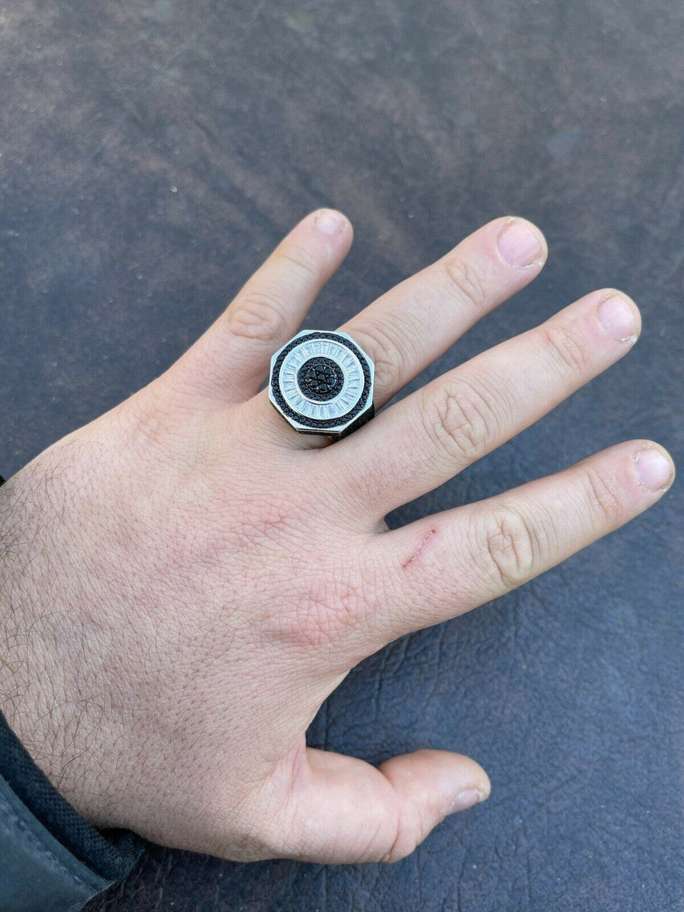 Large Solid Real 925 Sterling Silver Black Diamond Baguette Pinky Ring Hip Hop