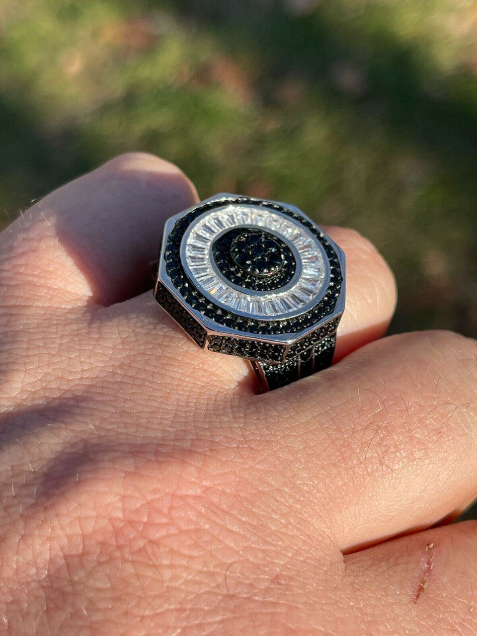 Large Solid Real 925 Sterling Silver Black Diamond Baguette Pinky Ring Hip Hop