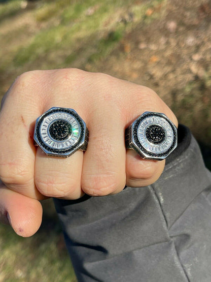 Large Solid Real 925 Sterling Silver Black Diamond Baguette Pinky Ring Hip Hop