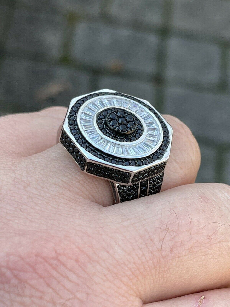 Large Solid Real 925 Sterling Silver Black Diamond Baguette Pinky Ring Hip Hop