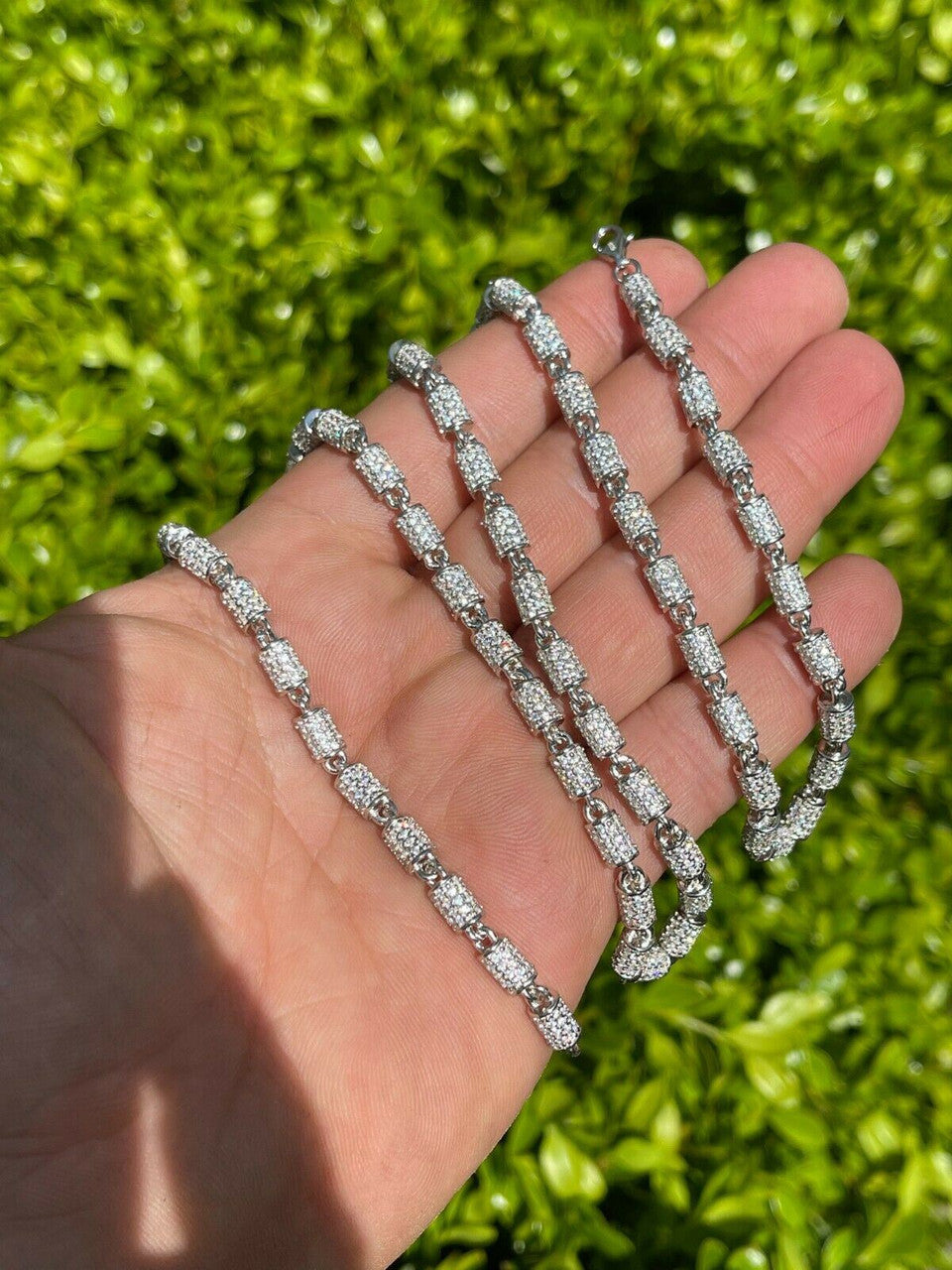 Men Barrel Chain Real Solid 925 Silver Iced Flooded Out Diamond Hip Hop Necklace