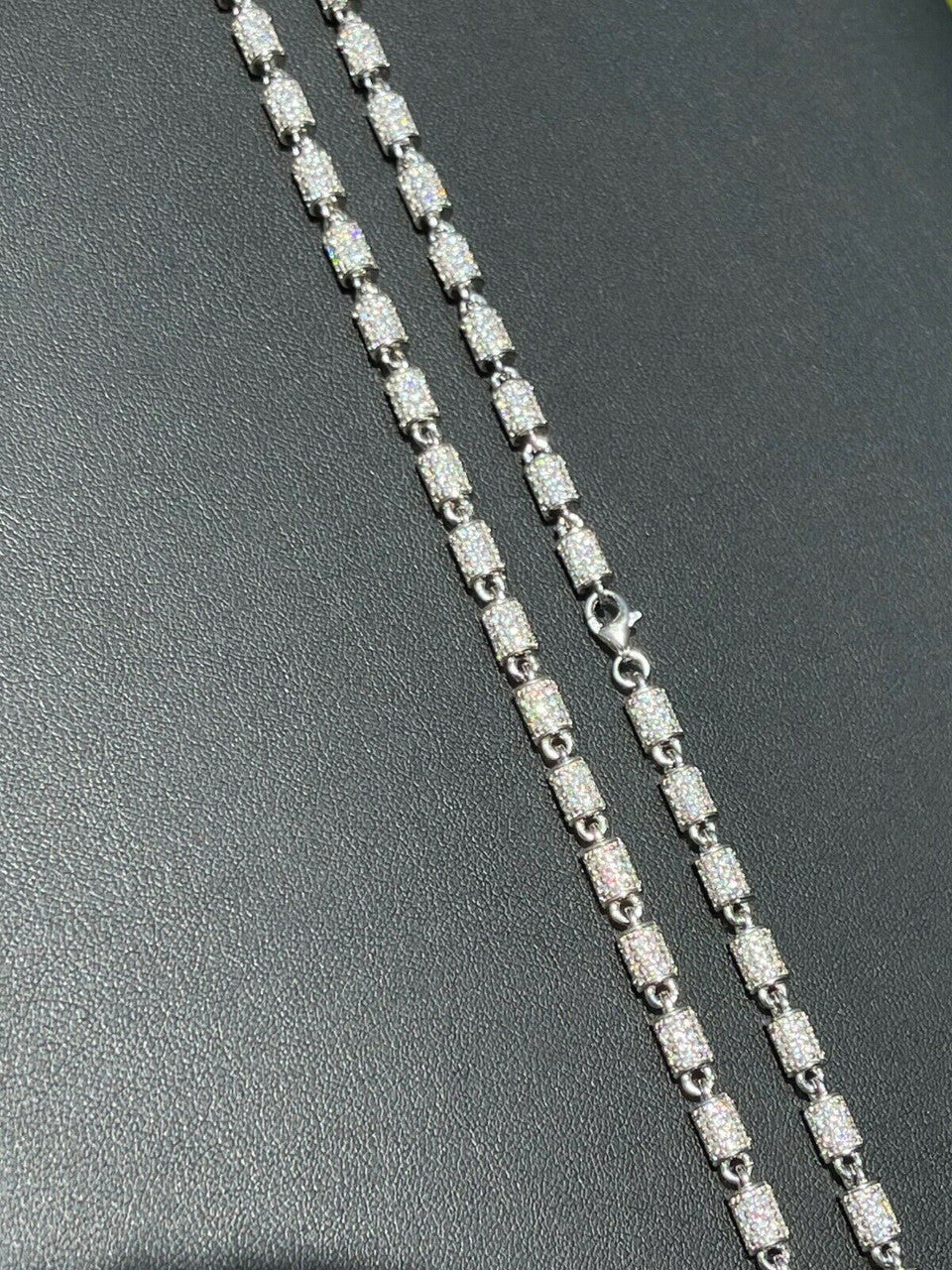 Men Barrel Chain Real Solid 925 Silver Iced Flooded Out Diamond Hip Hop Necklace