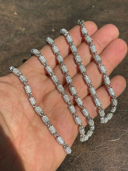 Men Barrel Chain Real Solid 925 Silver Iced Flooded Out Diamond Hip Hop Necklace