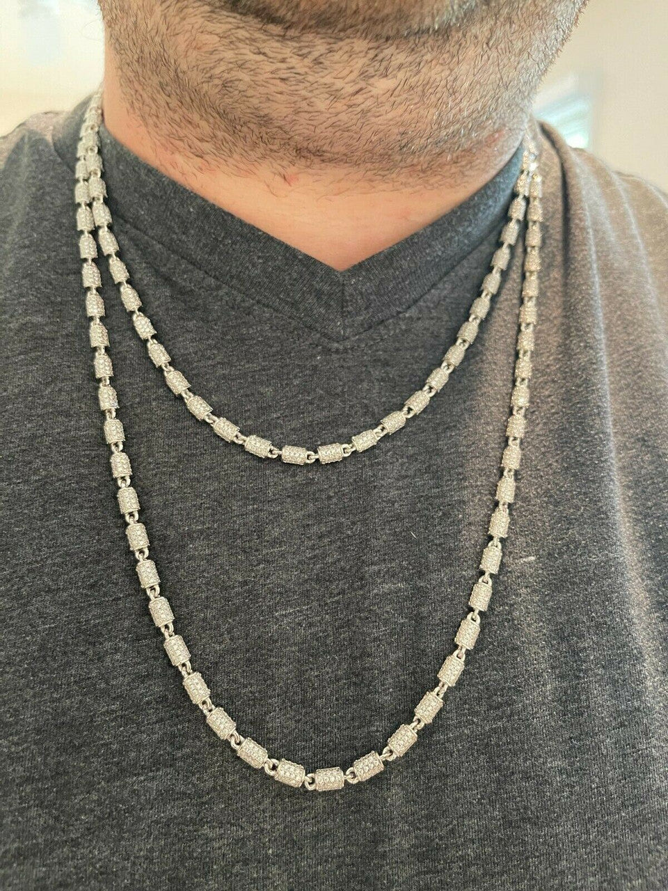 Men Barrel Chain Real Solid 925 Silver Iced Flooded Out Diamond Hip Hop Necklace