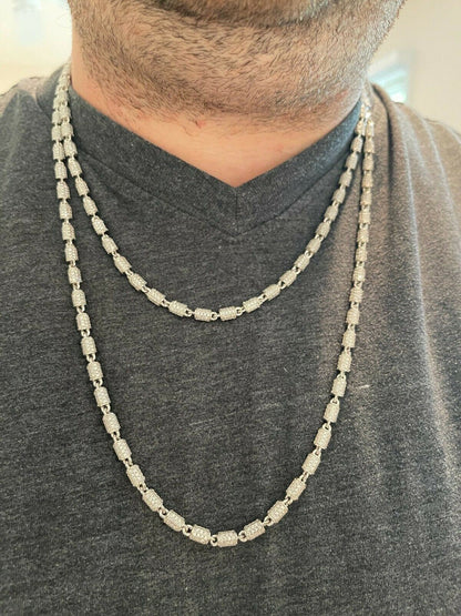 Men Barrel Chain Real Solid 925 Silver Iced Flooded Out Diamond Hip Hop Necklace