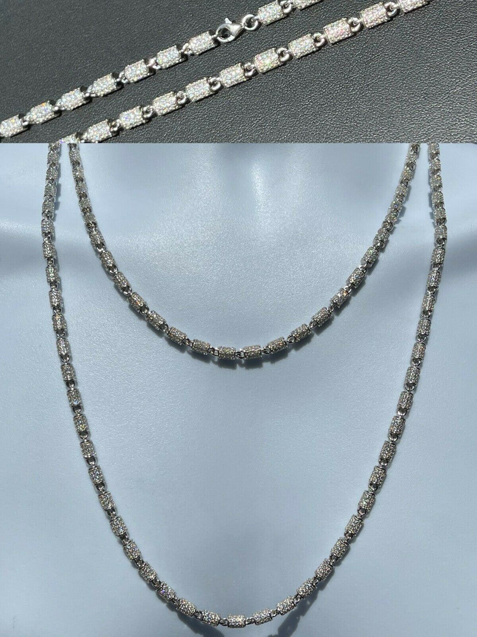 Men Barrel Chain Real Solid 925 Silver Iced Flooded Out Diamond Hip Hop Necklace