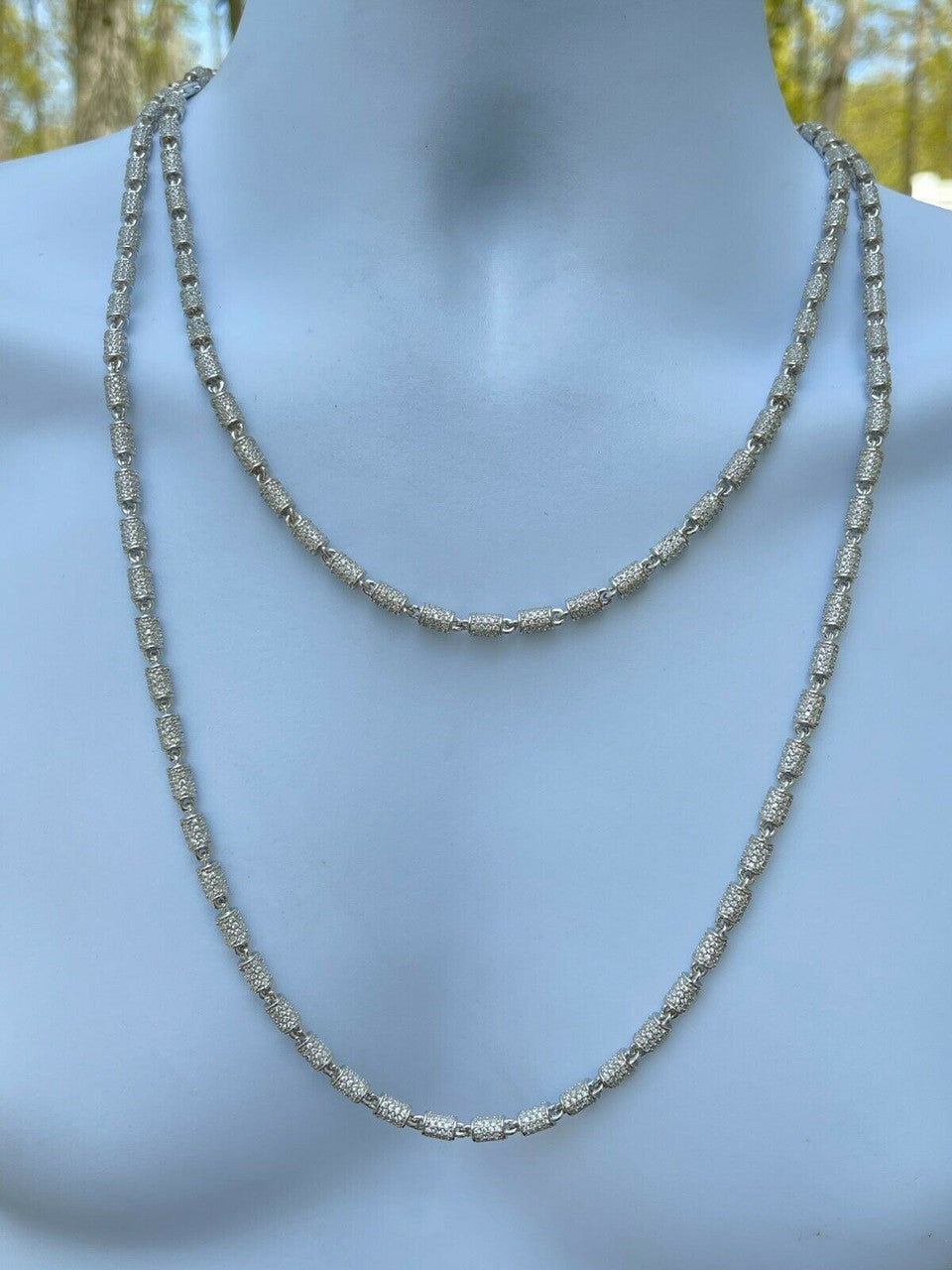 Men Barrel Chain Real Solid 925 Silver Iced Flooded Out Diamond Hip Hop Necklace