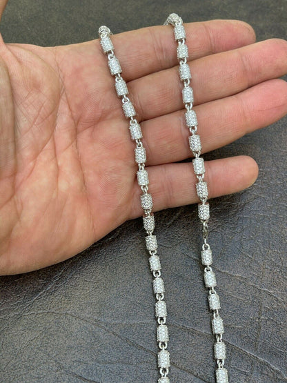 Men Barrel Chain Real Solid 925 Silver Iced Flooded Out Diamond Hip Hop Necklace
