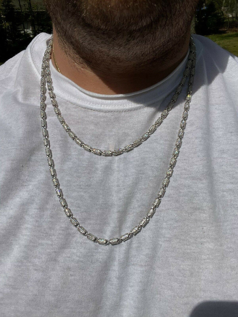 Men Barrel Chain Real Solid 925 Silver Iced Flooded Out Diamond Hip Hop Necklace