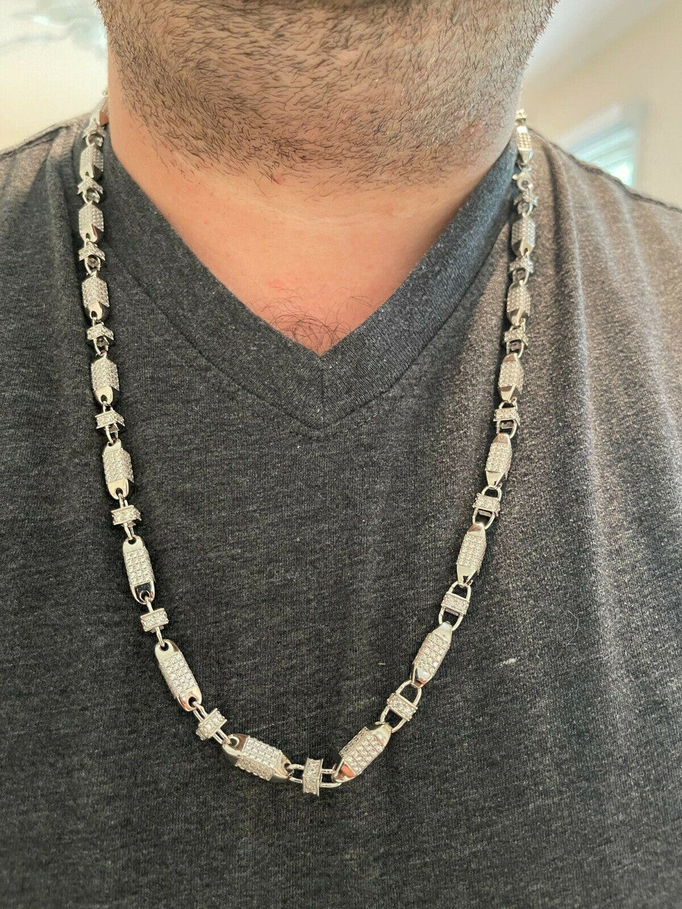 Men Bullet Chain Real Solid 925 Silver Iced Flooded Out Diamond Hip Hop Necklace