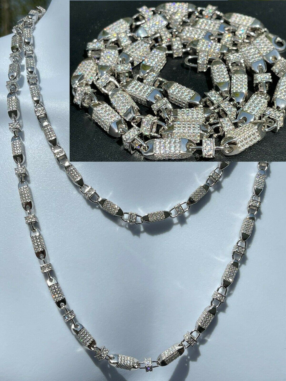 Men Bullet Chain Real Solid 925 Silver Iced Flooded Out Diamond Hip Hop Necklace