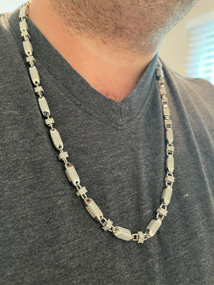 Men Bullet Chain Real Solid 925 Silver Iced Flooded Out Diamond Hip Hop Necklace