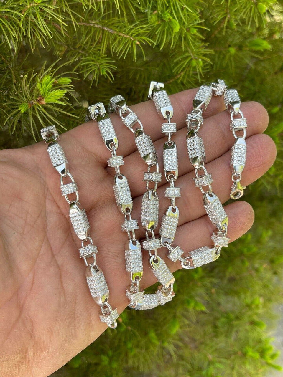 Men Bullet Chain Real Solid 925 Silver Iced Flooded Out Diamond Hip Hop Necklace