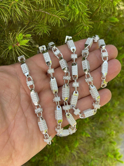 Men Bullet Chain Real Solid 925 Silver Iced Flooded Out Diamond Hip Hop Necklace