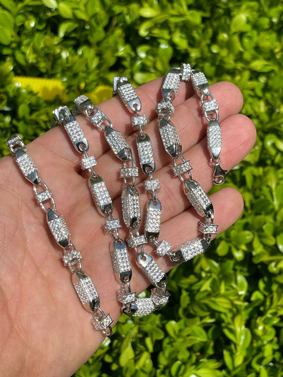 Men Bullet Chain Real Solid 925 Silver Iced Flooded Out Diamond Hip Hop Necklace