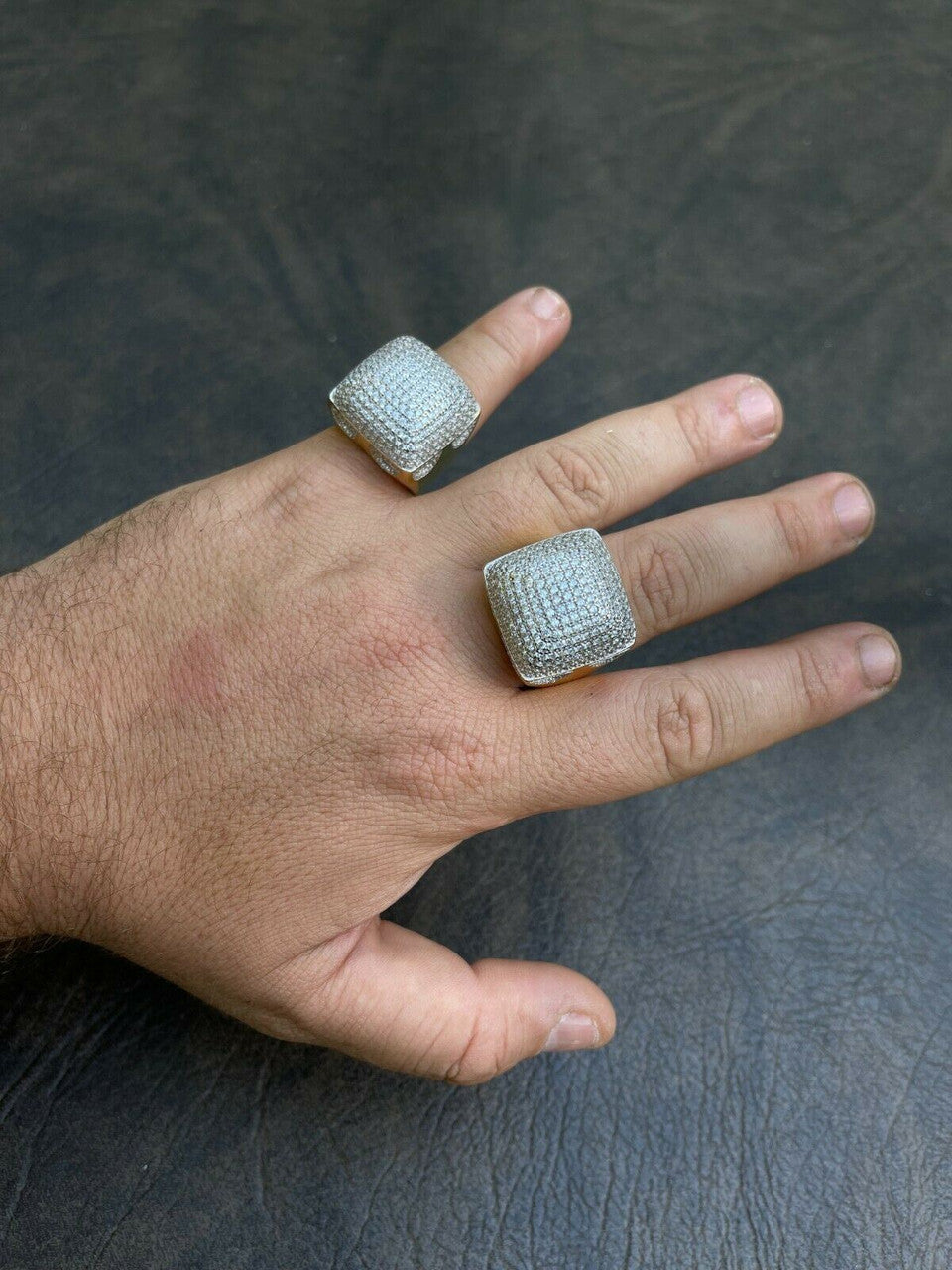 Mens 14k Gold Vermeil Real 925 Silver Hip Hop Ring Big Iced Diamond Huge Pinky