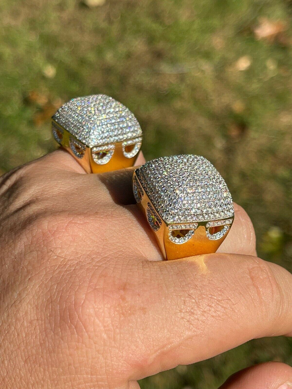 Mens 14k Gold Vermeil Real 925 Silver Hip Hop Ring Big Iced Diamond Huge Pinky