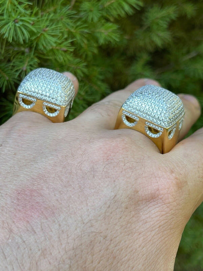 Mens 14k Gold Vermeil Real 925 Silver Hip Hop Ring Big Iced Diamond Huge Pinky