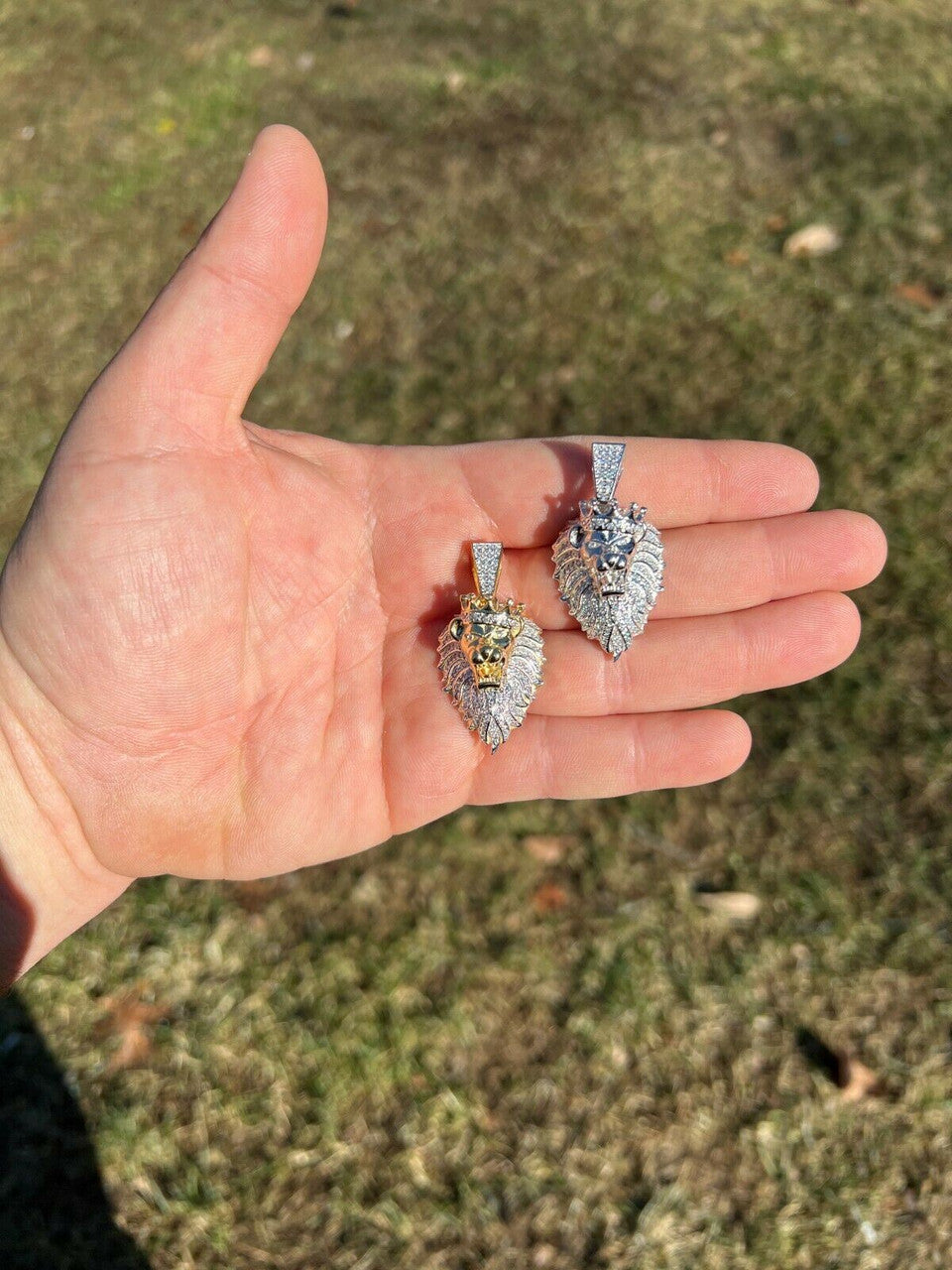 Mens 925 Silver Gold Real Iced Diamond Rasta Lion Crown Africa Pendant Necklace