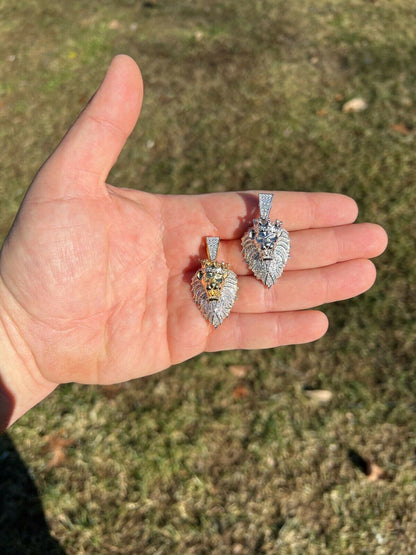 Mens 925 Silver Gold Real Iced Diamond Rasta Lion Crown Africa Pendant Necklace