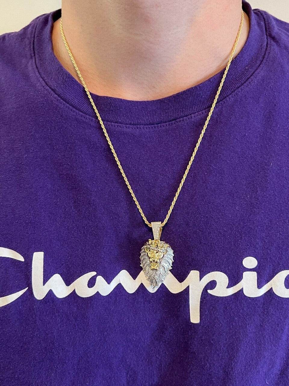 Mens 925 Silver Gold Real Iced Diamond Rasta Lion Crown Africa Pendant Necklace