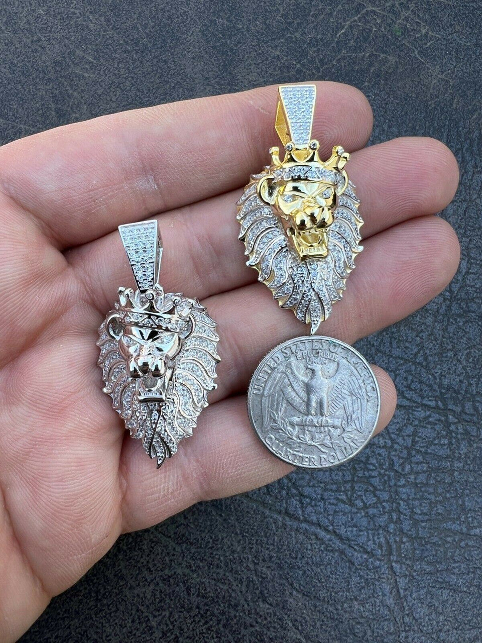 Mens 925 Silver Gold Real Iced Diamond Rasta Lion Crown Africa Pendant Necklace