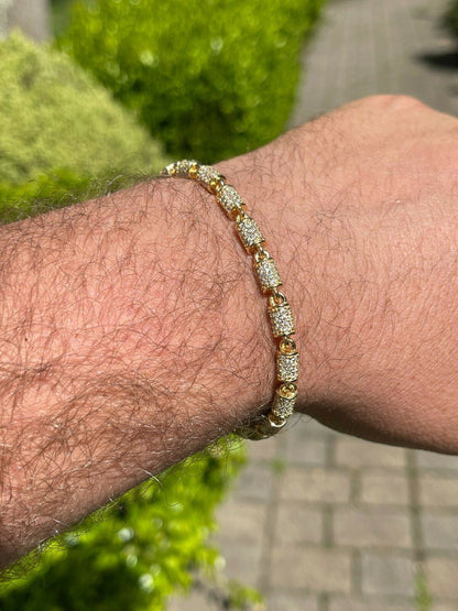 Mens Barrel Bracelet 14k Gold Over Solid 925 Silver Iced Flooded Out Hip Hop