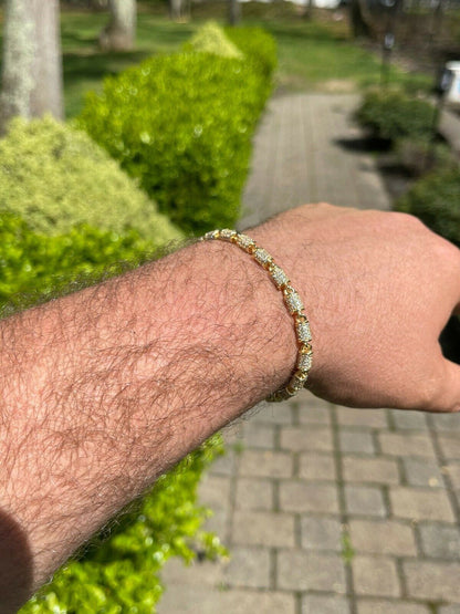 Mens Barrel Bracelet 14k Gold Over Solid 925 Silver Iced Flooded Out Hip Hop