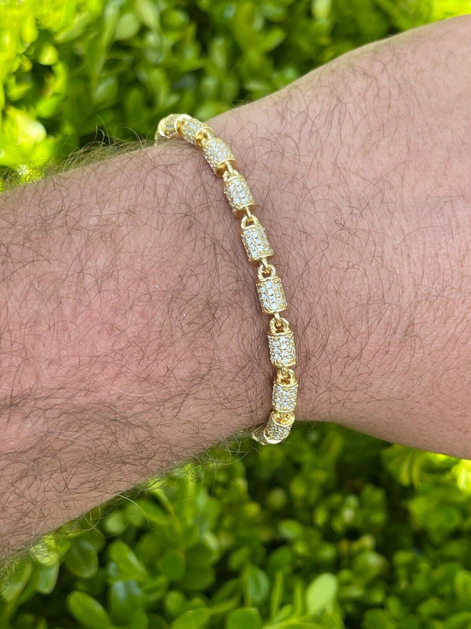 Mens Barrel Bracelet 14k Gold Over Solid 925 Silver Iced Flooded Out Hip Hop