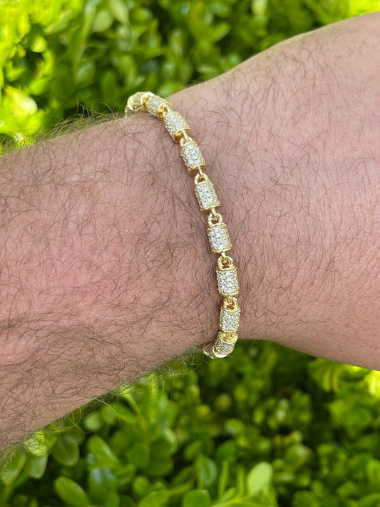 Mens Barrel Bracelet 14k Gold Over Solid 925 Silver Iced Flooded Out Hip Hop