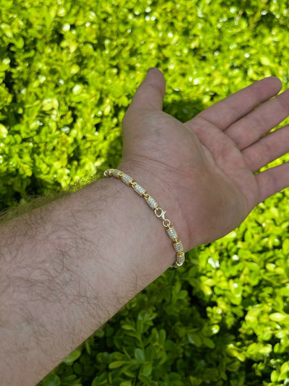 Mens Barrel Bracelet 14k Gold Over Solid 925 Silver Iced Flooded Out Hip Hop