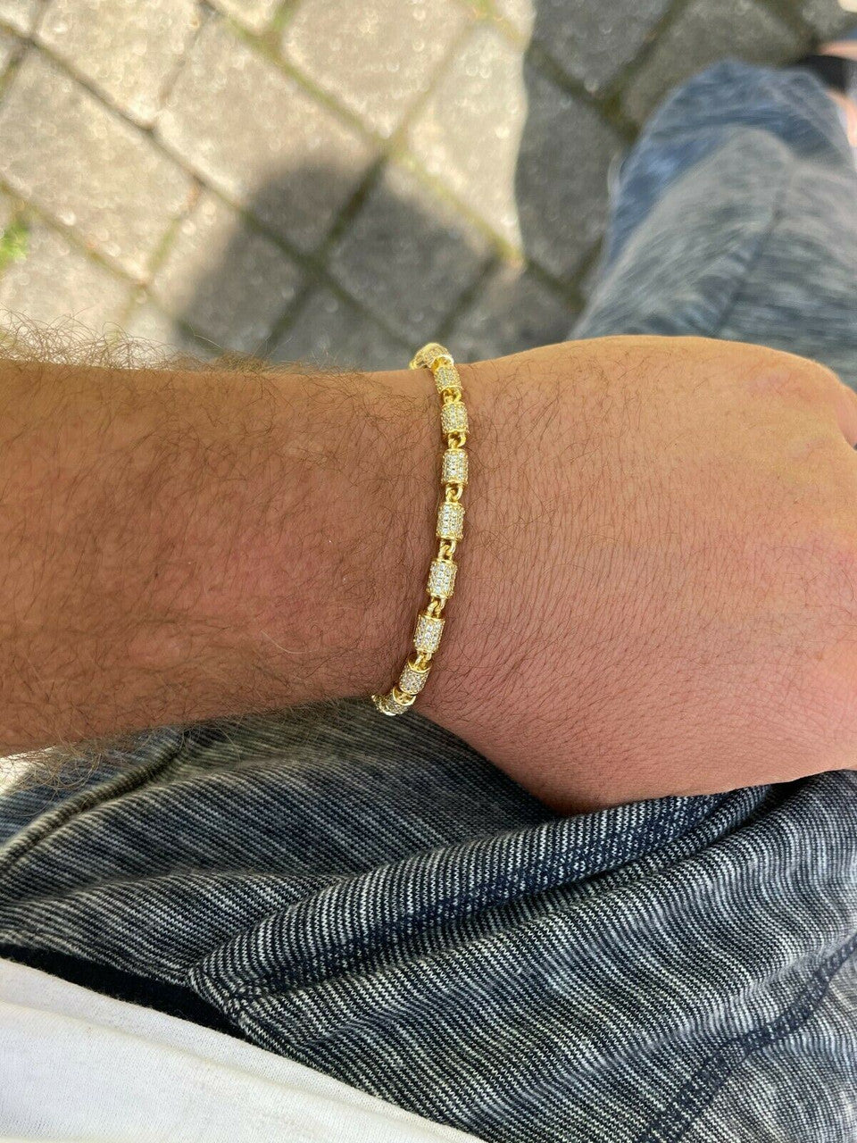 Mens Barrel Bracelet 14k Gold Over Solid 925 Silver Iced Flooded Out Hip Hop