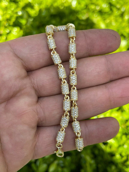 Mens Barrel Bracelet 14k Gold Over Solid 925 Silver Iced Flooded Out Hip Hop