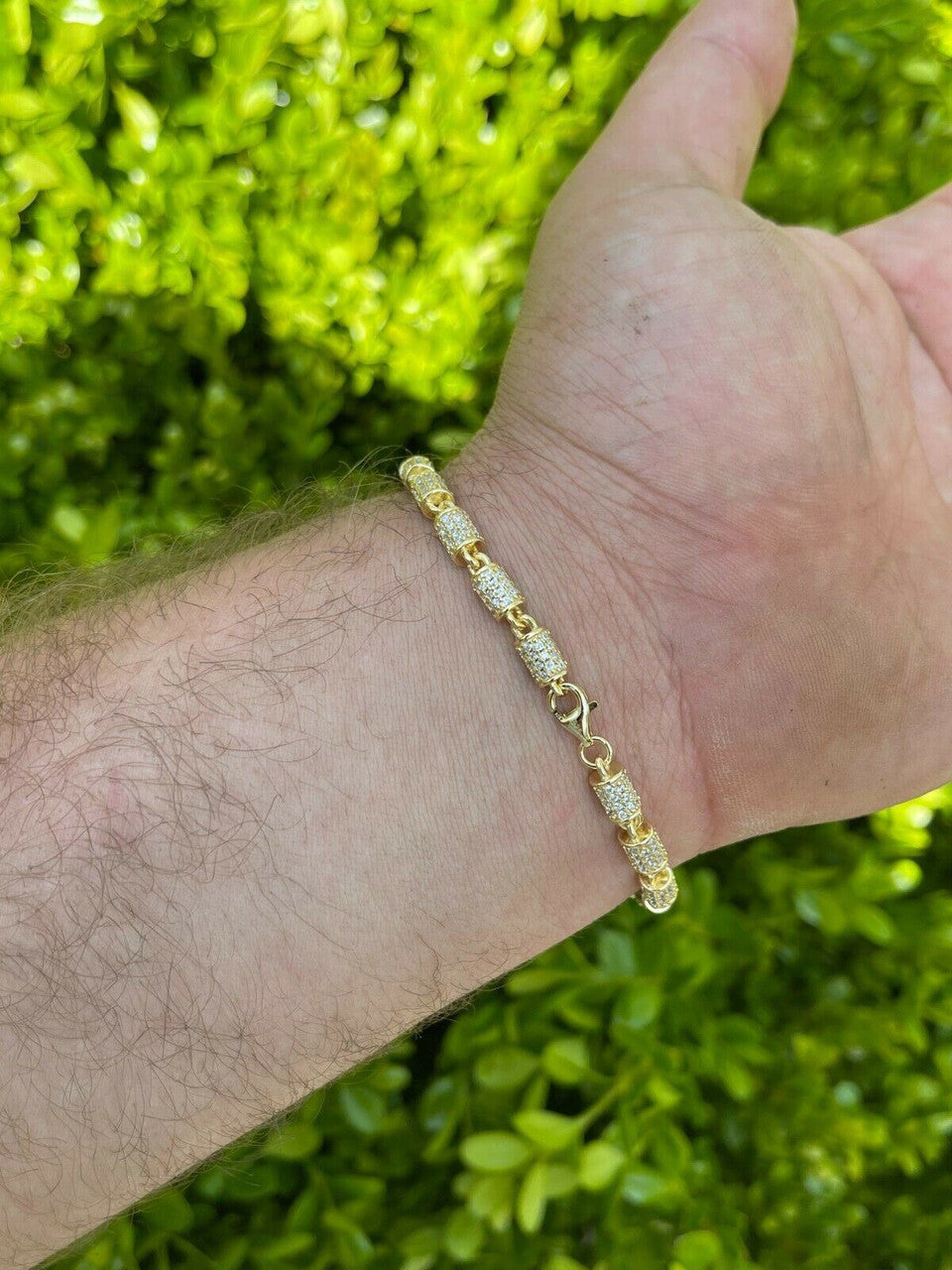 Mens Barrel Bracelet 14k Gold Over Solid 925 Silver Iced Flooded Out Hip Hop