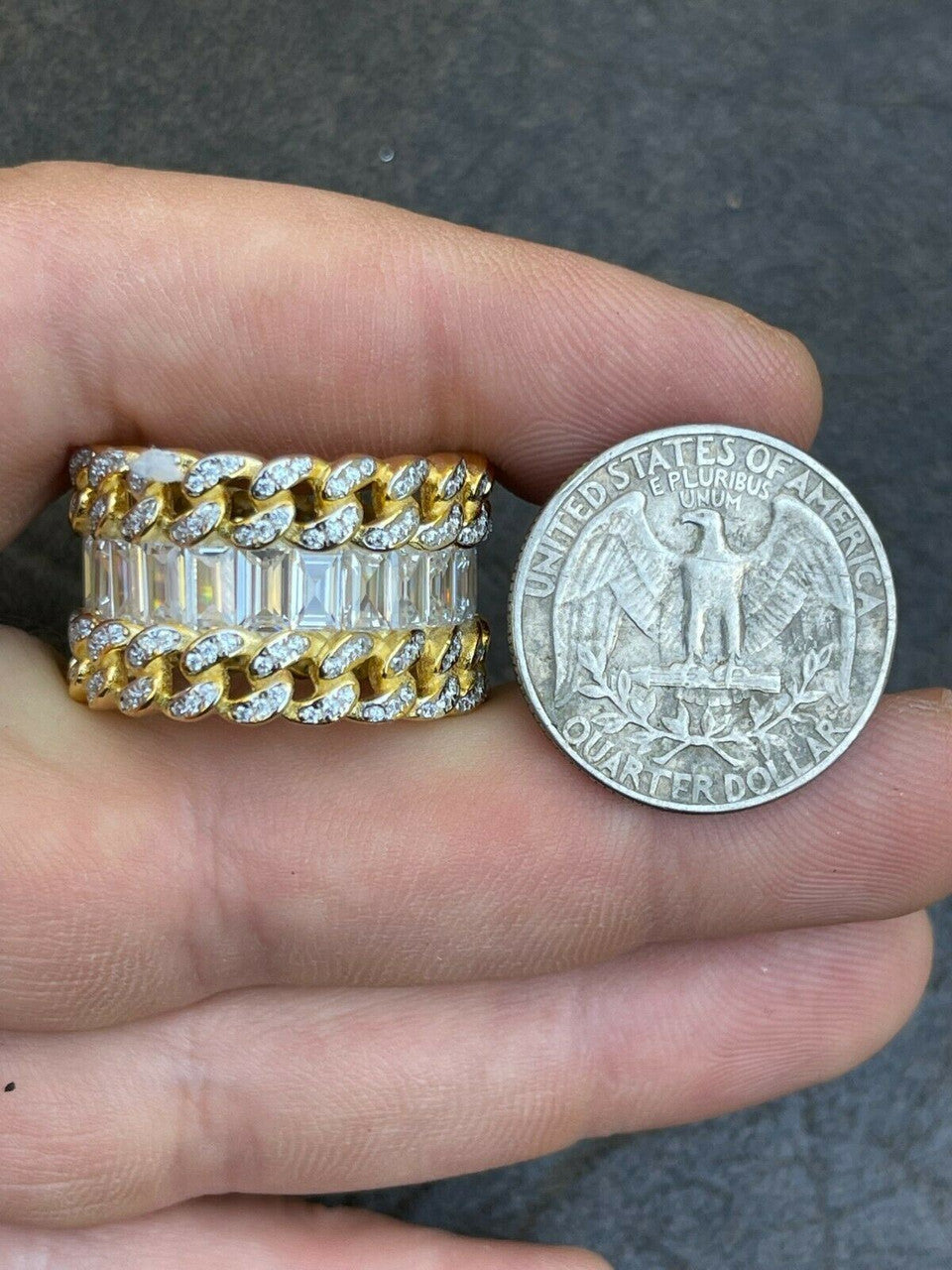 Mens Miami Cuban RING 14k Gold Vermeil 925 Silver Iced Baguette Diamond Hip Hop