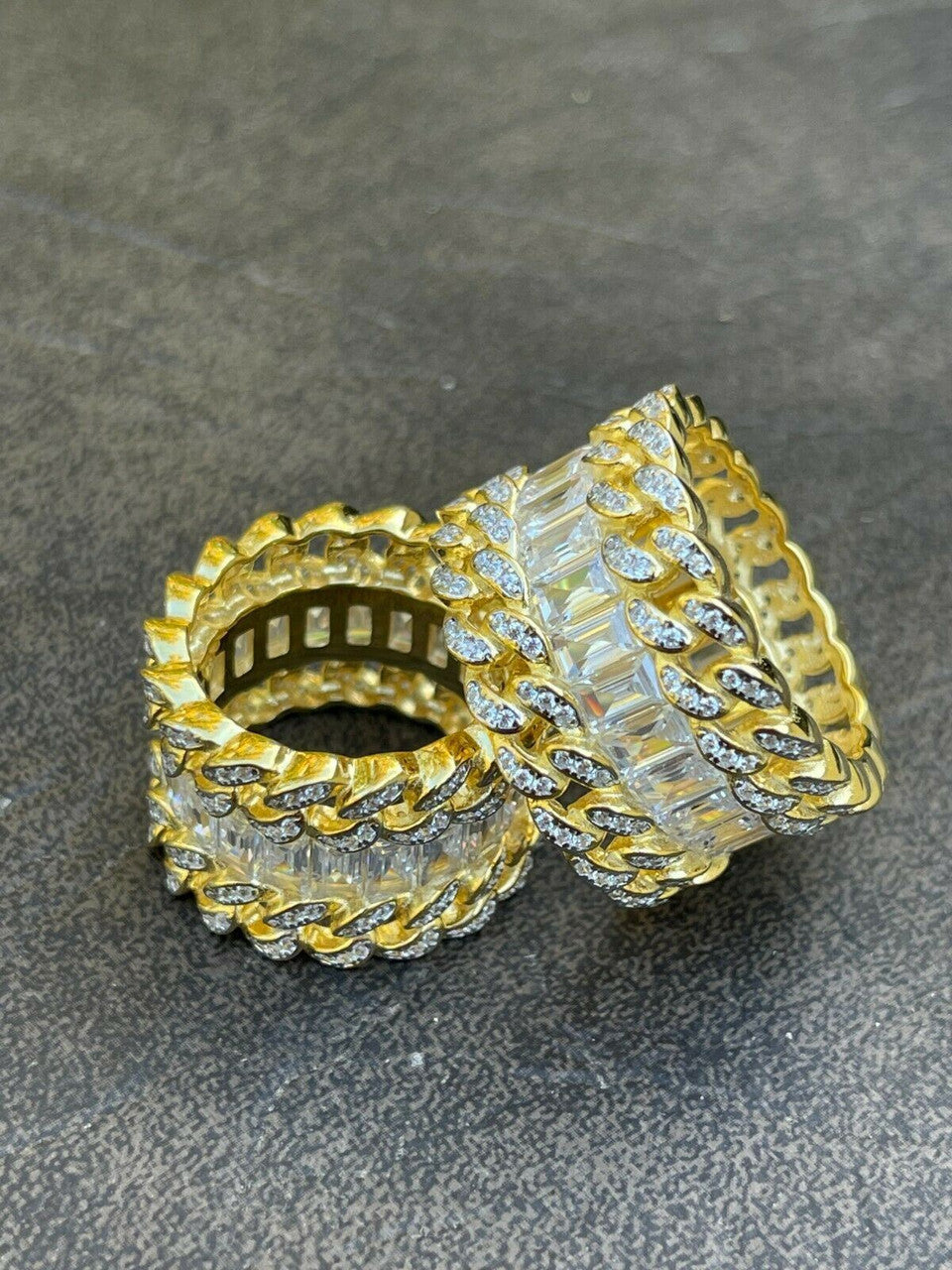 Mens Miami Cuban RING 14k Gold Vermeil 925 Silver Iced Baguette Diamond Hip Hop