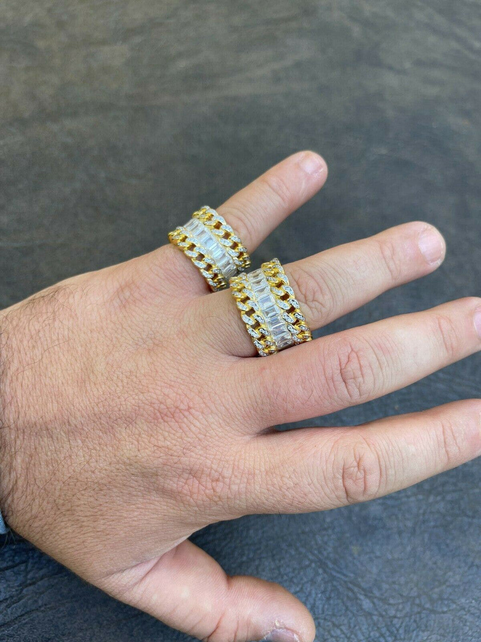 Mens Miami Cuban RING 14k Gold Vermeil 925 Silver Iced Baguette Diamond Hip Hop