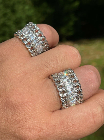 Mens Miami Cuban RING Real Solid 925 Silver Iced Baguette Diamond Hip Hop Band