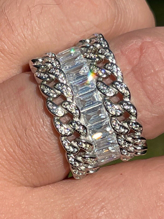 Mens Miami Cuban RING Real Solid 925 Silver Iced Baguette Diamond Hip Hop Band