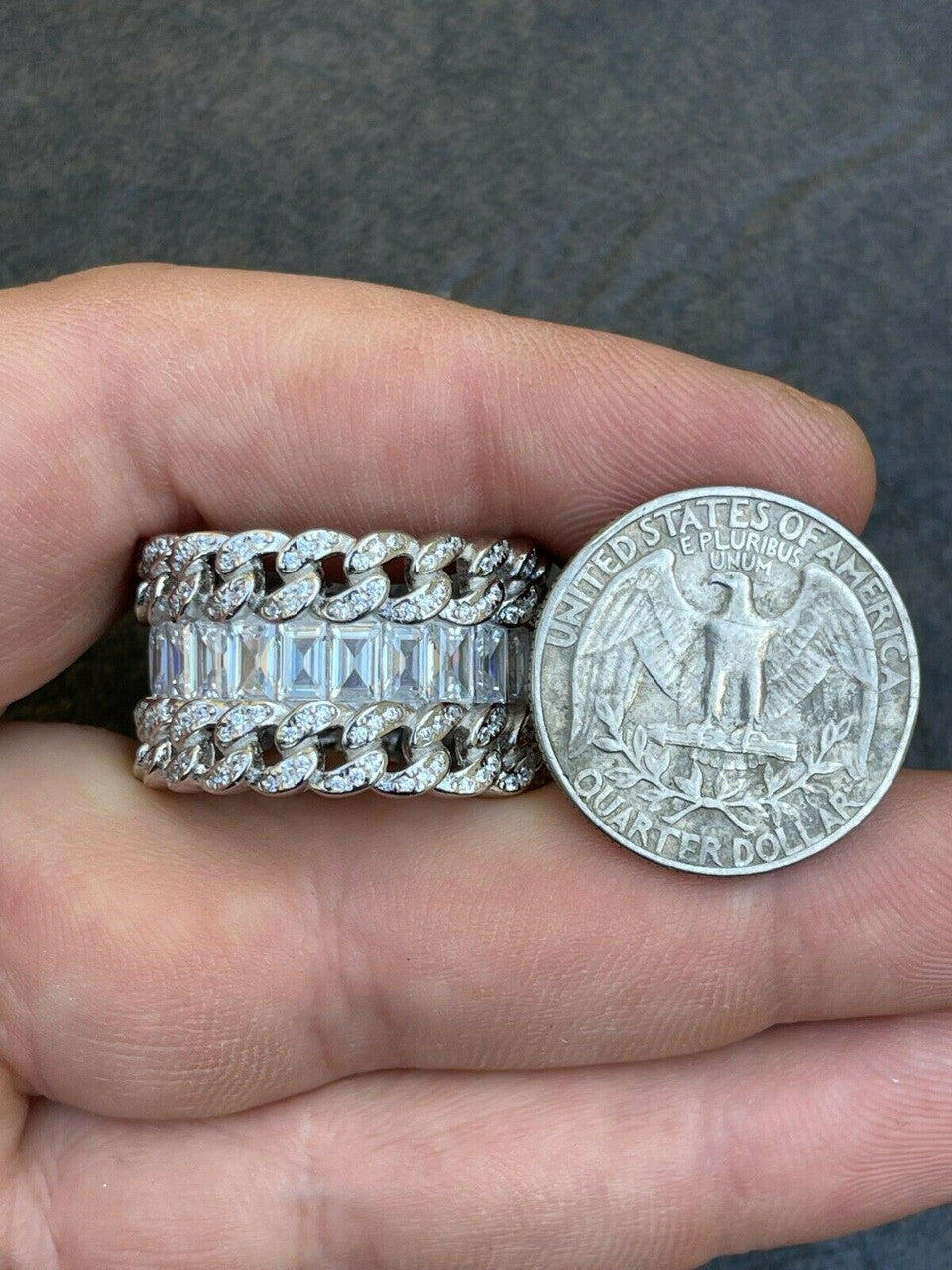 Mens Miami Cuban RING Real Solid 925 Silver Iced Baguette Diamond Hip Hop Band