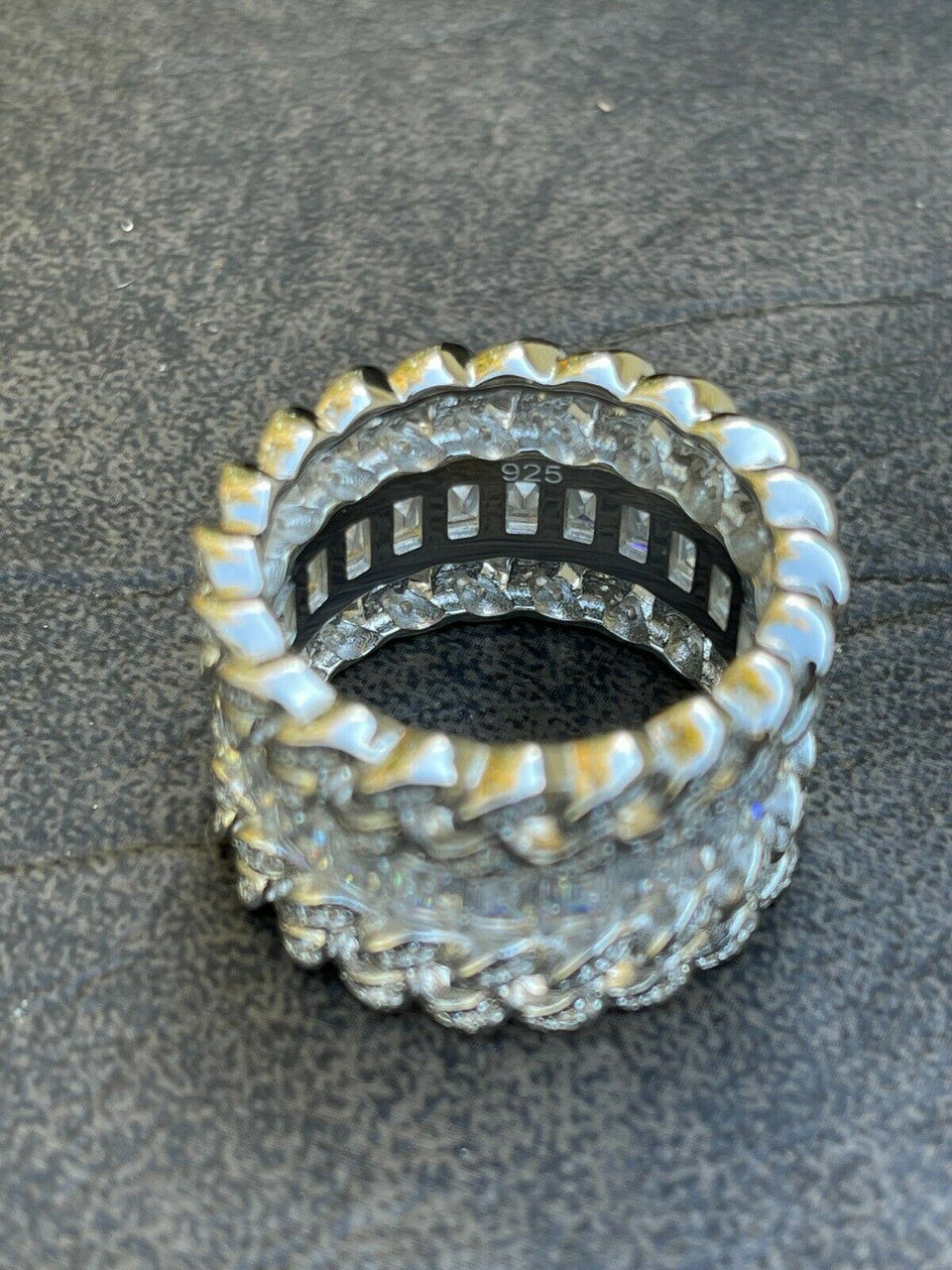 Mens Miami Cuban RING Real Solid 925 Silver Iced Baguette Diamond Hip Hop Band