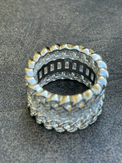 Mens Miami Cuban RING Real Solid 925 Silver Iced Baguette Diamond Hip Hop Band